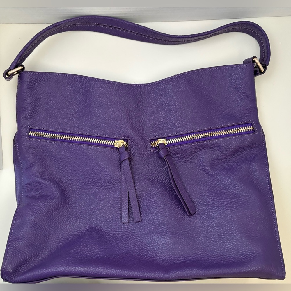 TOTE LE MONDE The Geneva Purple Pebbled Leather Shoulder Elegant Tote Bag.